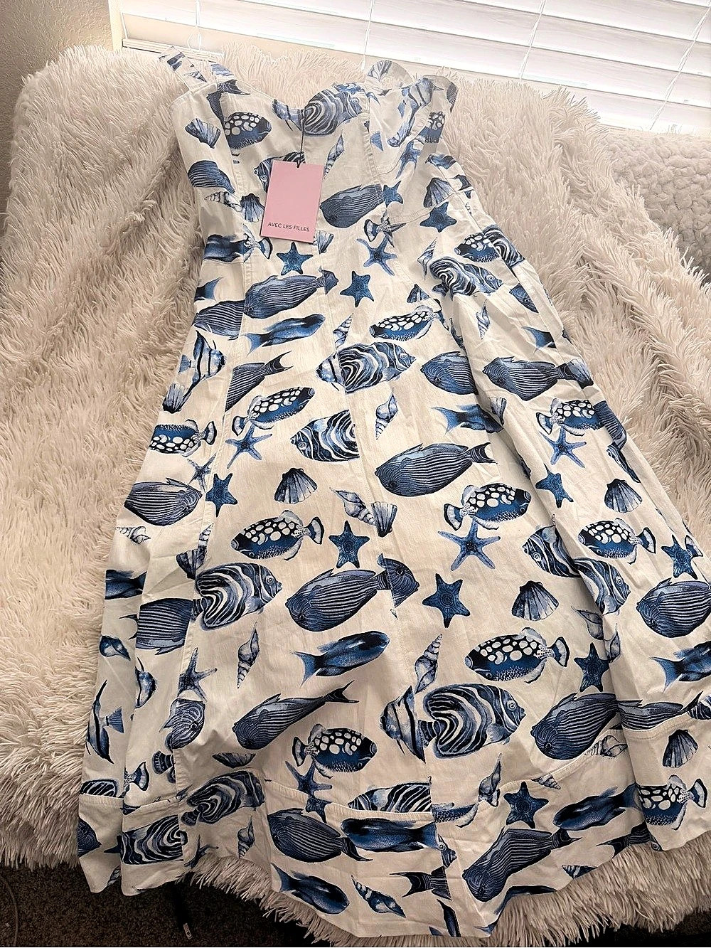 Avec Les Filles Sea Stars Fish A-Line Cotton Blend White Blue Midi Dress Midi